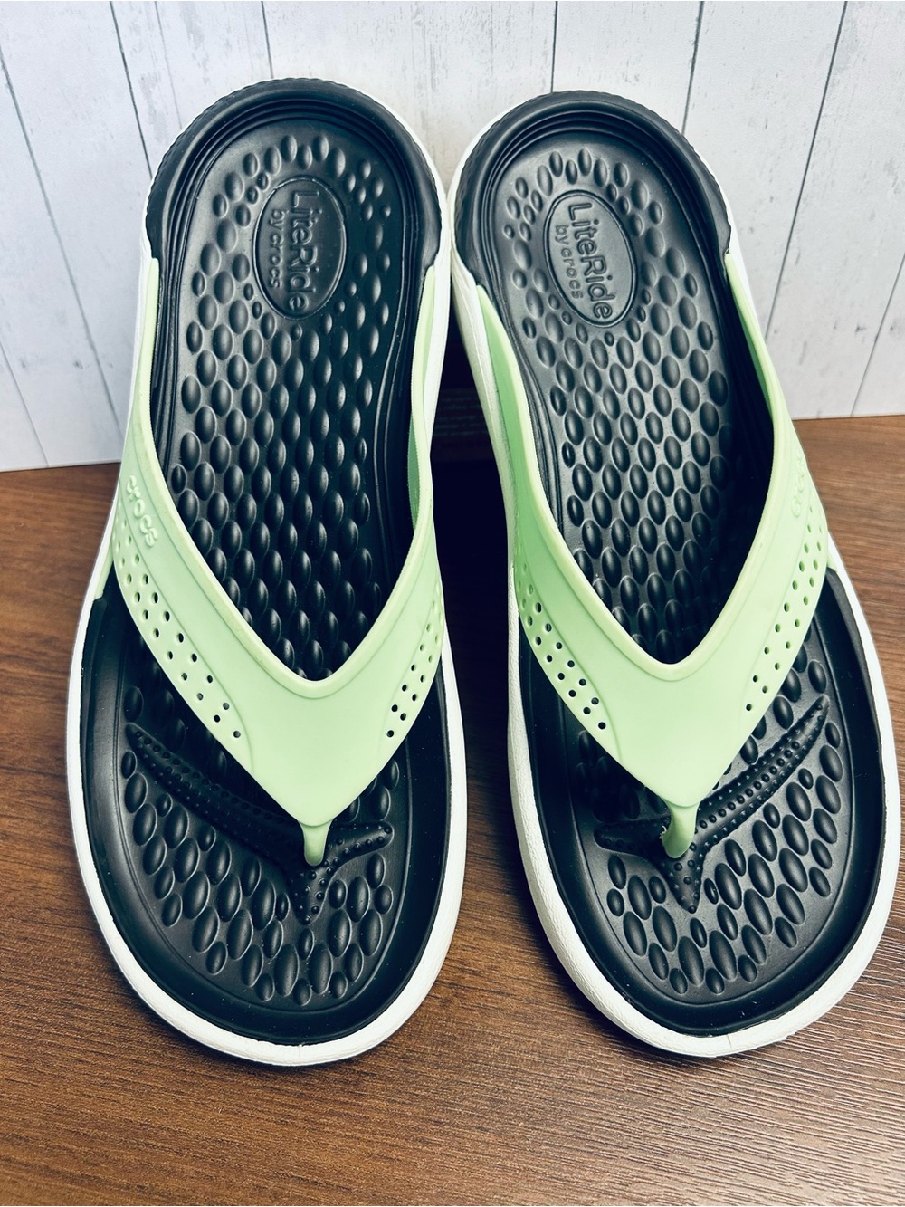 Crocs LiteRide Flip Flops Black Neo Mint Green Sandals Unisex M9/W11 - NWOT